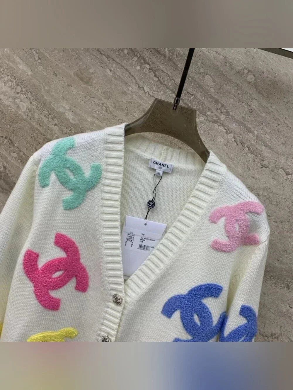 CHANEL with Multicolor Logo Motifs Cream Cardigan Sweater